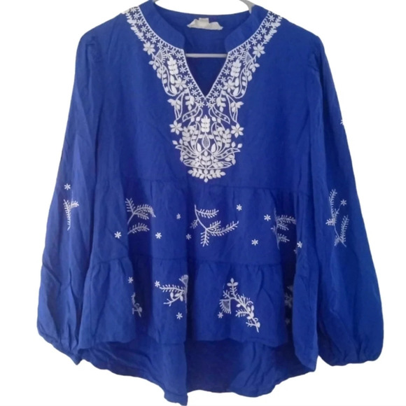 Anthropologie Luna Moon Blue High Low Baby Doll Style Top Embroidery Size Small - Picture 1 of 8